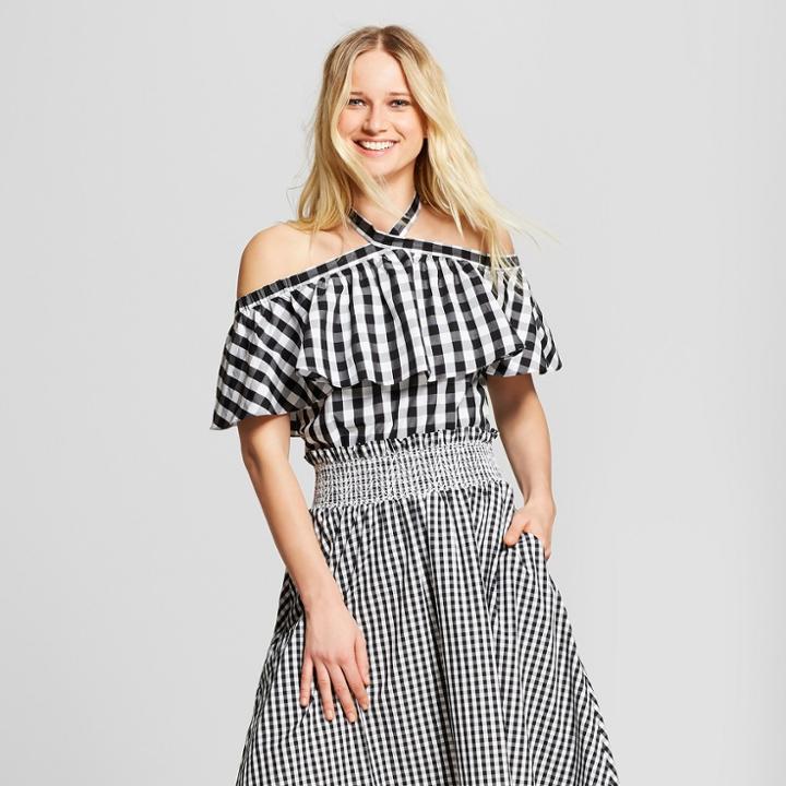 Women's Gingham Ruffle Halter Tank Top - Who What Wear Black Xs, Black Gingham
