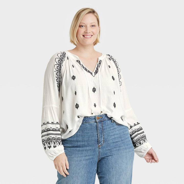 Women's Plus Size Raglan Long Sleeve Embroidered Peasant Top - Knox Rose Ivory Ikat Print