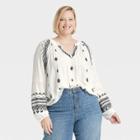 Women's Plus Size Raglan Long Sleeve Embroidered Peasant Top - Knox Rose Ivory Ikat Print
