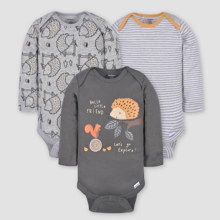 Gerber Baby 3pk Hedgehog Long Sleeve Onesies - Gray Newborn