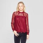 Women's Long Sleeve High Neck Lace Top - Xhilaration Burgundy (red)