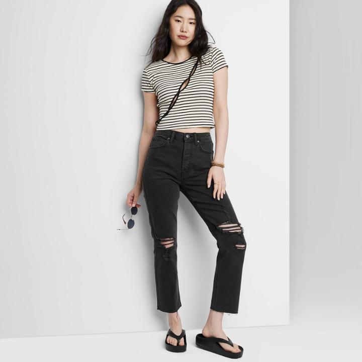 Women's Super-high Rise Distressed Slim Straight Jeans - Wild Fable Black Wash