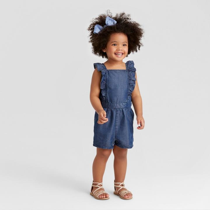 Toddler Girls' Smocked Back Romper - Genuine Kids From Oshkosh Dark Wash