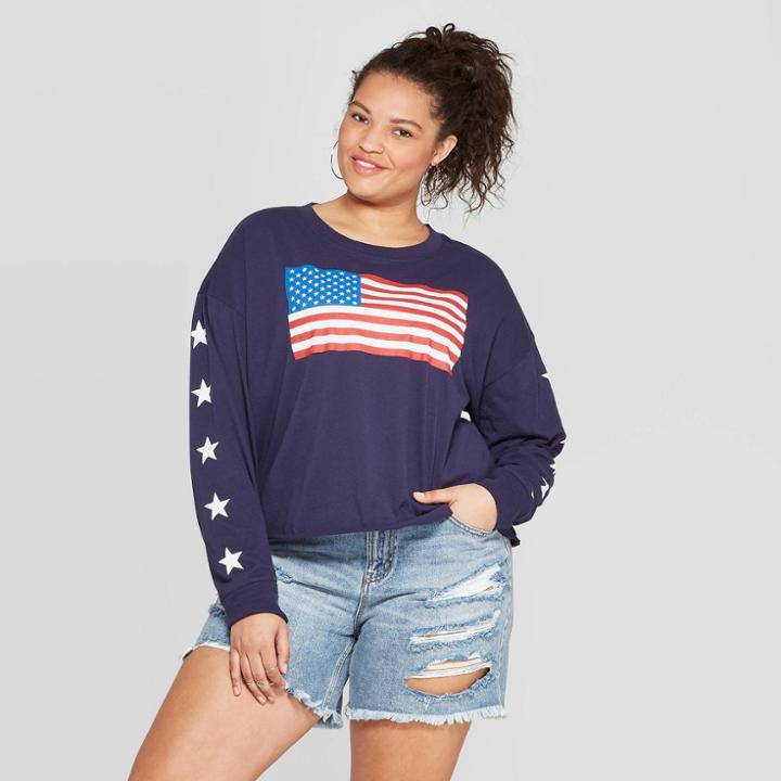 Women's Plus Size Long Sleeve Flag Sweatshirt - Fifth Sun (juniors') - Navy