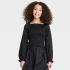 Girls' Smocked Jacquard Long Sleeve Top - Art Class Black