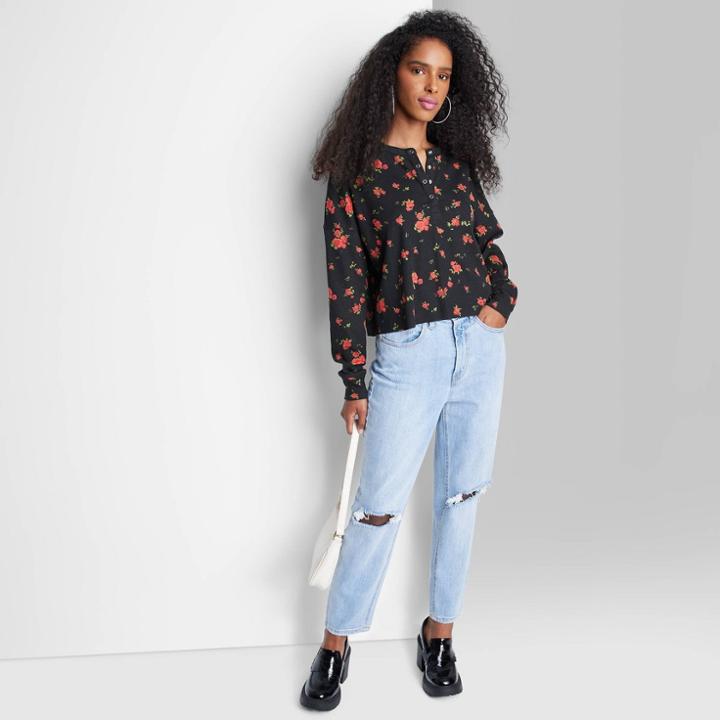 Women's Long Sleeve Henley T-shirt - Wild Fable Black/red Floral