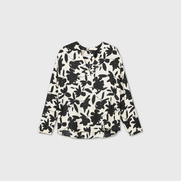 Women's Plus Size Floral Print Long Sleeve Essential Popover Blouse - Ava & Viv White X