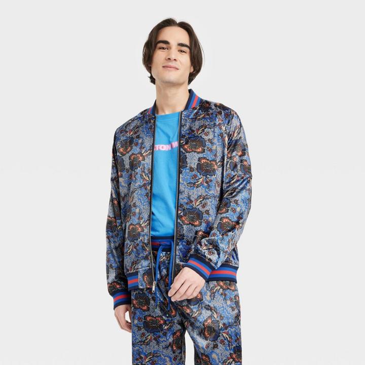 Houston White Adult Floral Bomber Jacket - Dark Blue Floral Xxs/xs