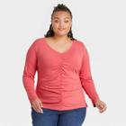Women's Plus Size Long Sleeve Ruched Knit Top - Ava & Viv Coral Red X