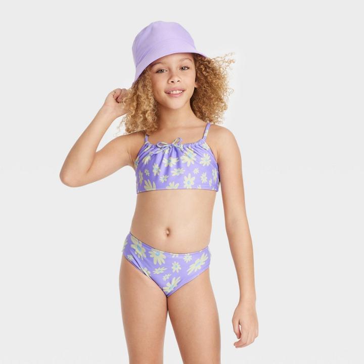 Girls' 3pc Happy Daisy Swimwear Set With Bucket Hat - Art Class
