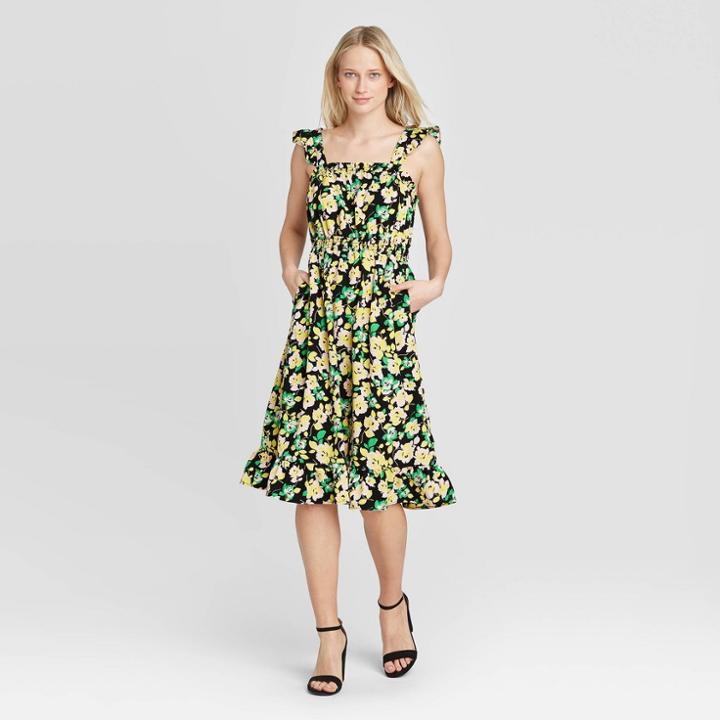 Women's Floral Print Flutter Sleeveless Dress - Who What Wear Black