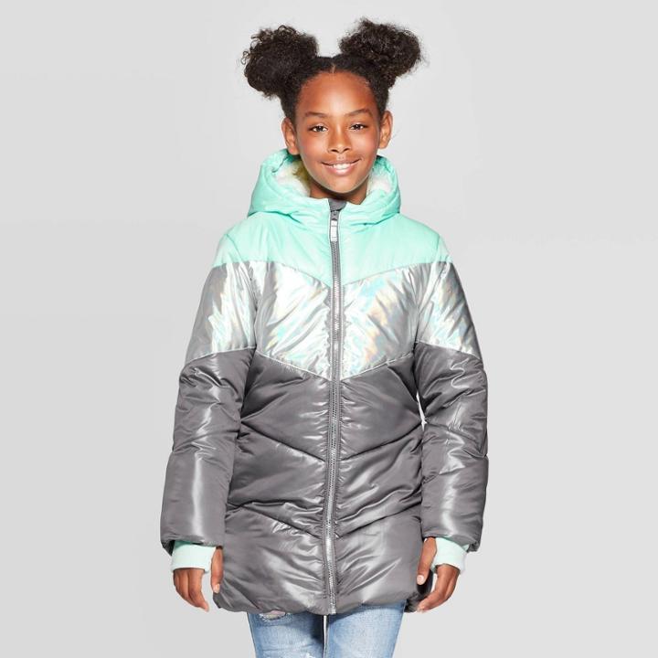 Girls' Pieced Long Puffer Jacket - Cat & Jack Green