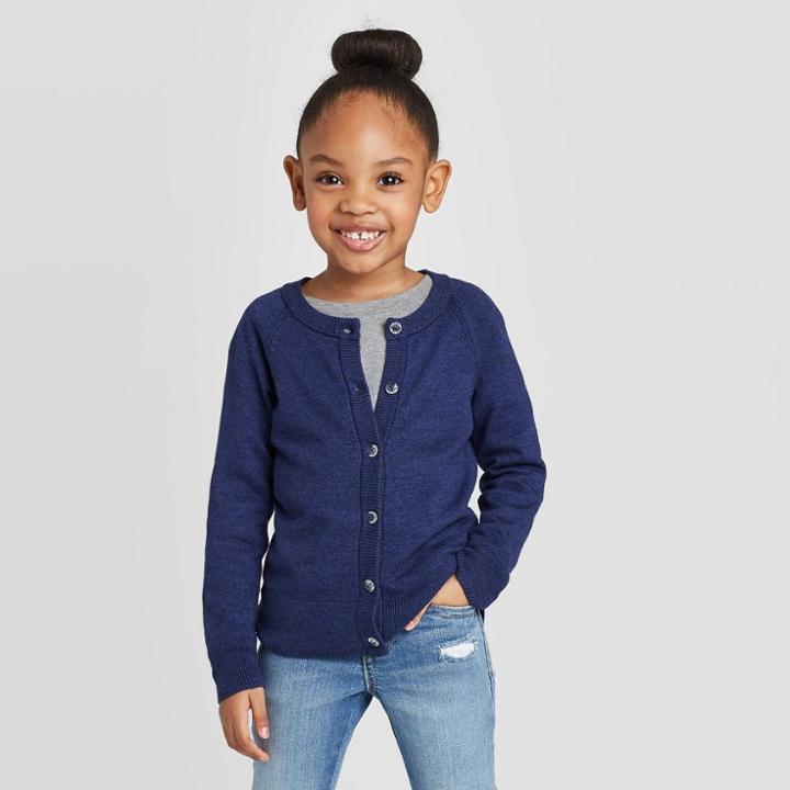 Toddler Girls' Crew Neck Long Sleeve Cardigan - Cat & Jack Navy 12m, Toddler Girl's, Blue