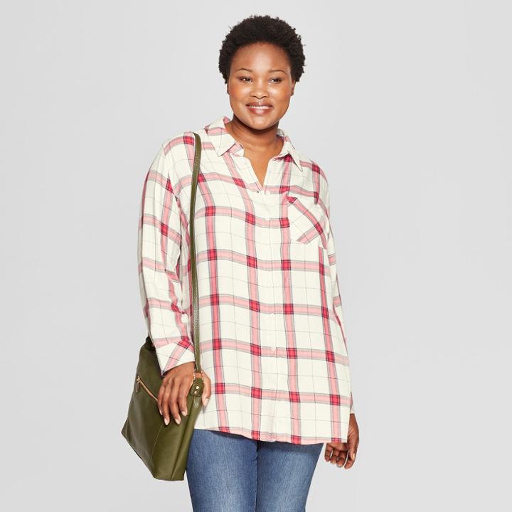 Women's Plus Size Plaid No Gap Button-down Long Sleeve Tunic - Ava & Viv Ivory/red