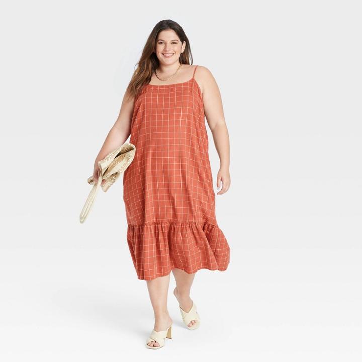 Women's Plus Size Plaid Sleeveless Ruffle Hem Dress - A New Day Dark Orange Plaid
