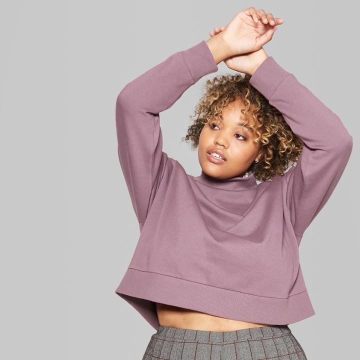 Women's Plus Size Cropped Mock Neck Fleece Pullover - Wild Fable Plum