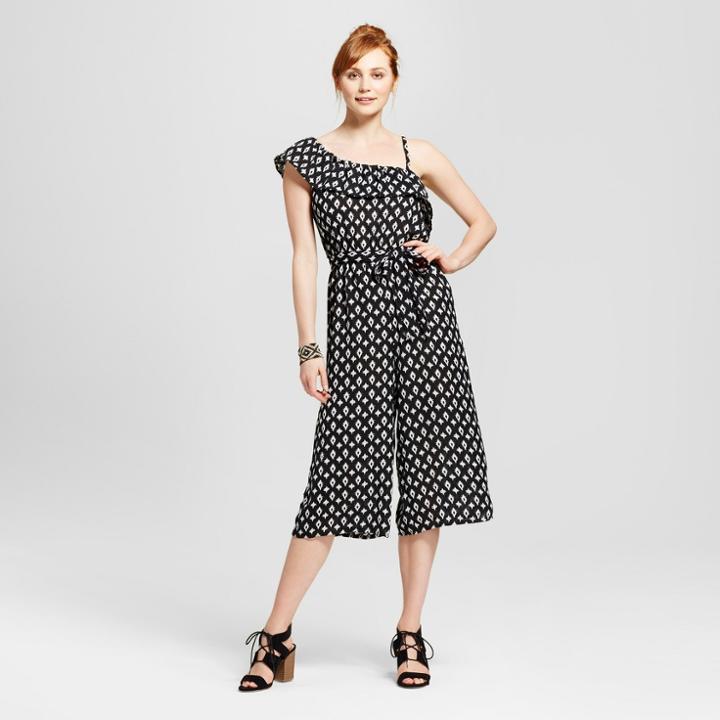 Women's Printed One Shoulder Jumpsuit - Lily Star (juniors') Black/white