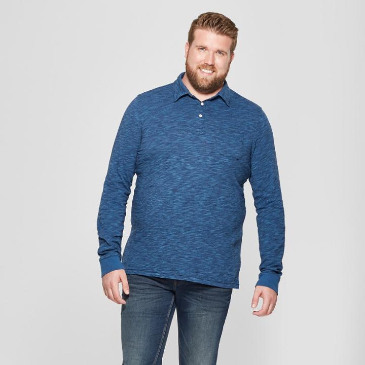 Men's Big & Tall Striped Standard Fit Long Sleeve Jersey Polo Shirt - Goodfellow & Co Xavier Navy