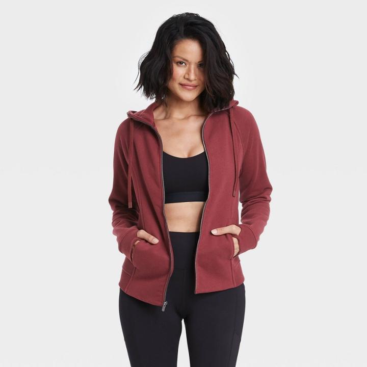 Women's Fleece Full Zip Hooded Sweatshirt - All In Motion Burgundy