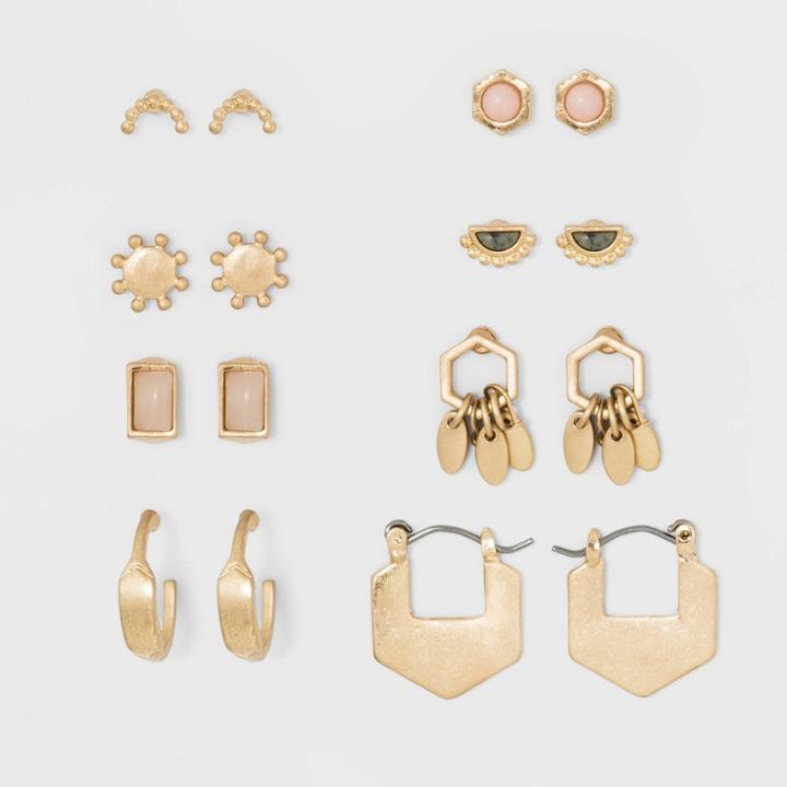 Target Semiprecious Howlite Stone And Geo Shape Multi Earring Set 8ct - Universal Thread Gold, Women's
