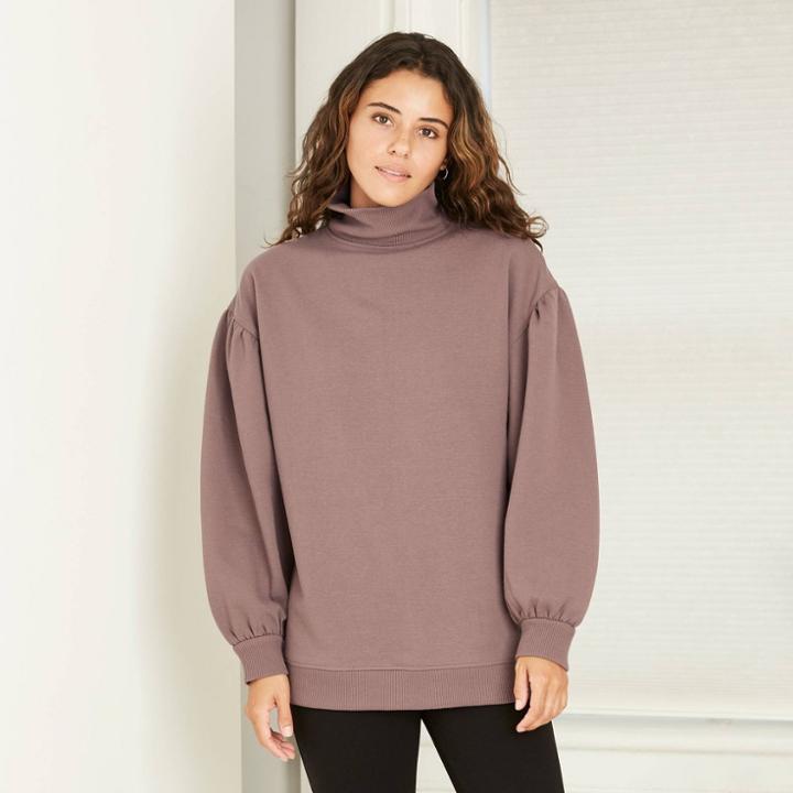 Women's Long Sleeve Mock Turtleneck T-shirt - A New Day Brown