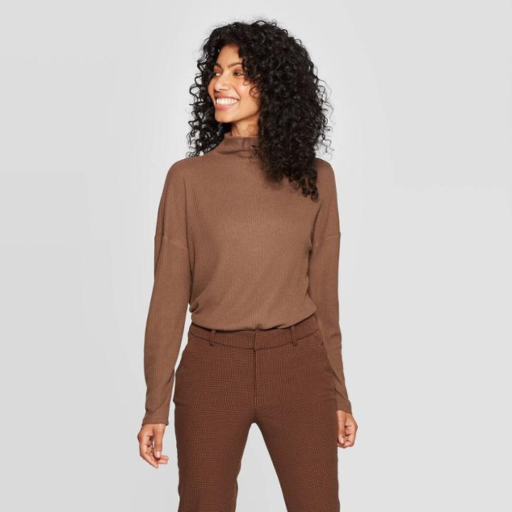 Women's Long Sleeve Turtleneck Rib Drapey Top - A New Day Dark Brown