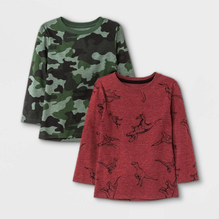 Toddler Boys' 2pk Printed Knit Long Sleeve T-shirt - Cat & Jack Camo Green/burgundy