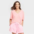 Women's Linen Boxy V-neck Short-sleeve T-shirt - Universal Thread Pink