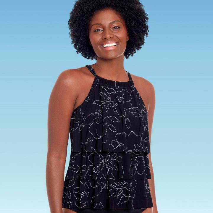 Women's Slimming Control Tiered Tankini Top - Dreamsuit By Miracle Brands Black Floral