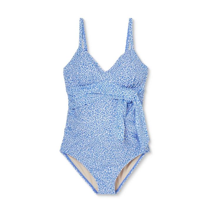 Tie-front One Piece Maternity Swimsuit - Isabel Maternity By Ingrid & Isabel Animal Print S D/dd Cup, Blue