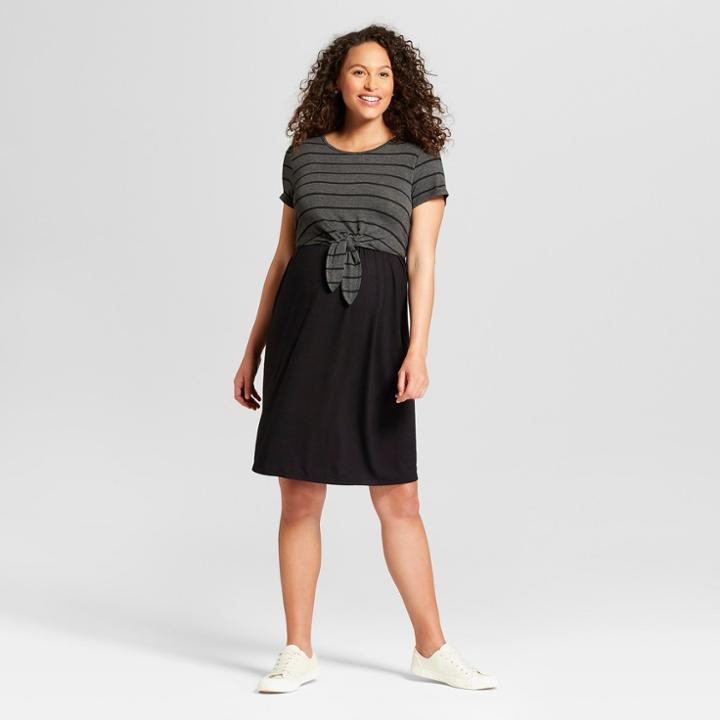 Maternity Striped Short Sleeve Tie Front Solid Knit Dress - Macherie Charcoal M, Women's, Gray