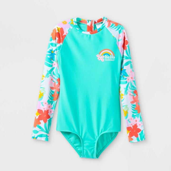 Girls' Tropical Print Long Sleeve Rash Guard Swimsuit - Cat & Jack