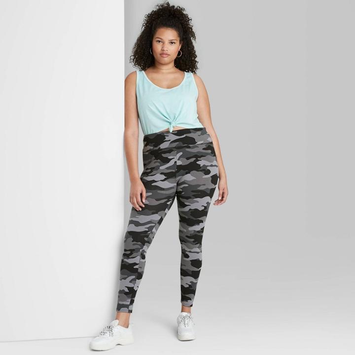 Women's Plus Size High-waisted Cotton Leggings - Wild Fable Gray Camo