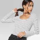Women's Striped Long Sleeve Henley Button Scoop Neck T-shirt - Wild Fable White/black