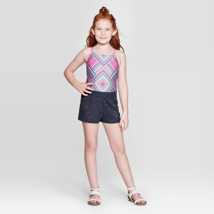 Girls' Tiki Trial One Piece Swimsuit 2pc Set - Art Class Navy Xs, Girl's, Blue