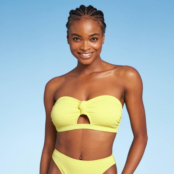 Juniors' Ribbed Knot-front Bandeau Bikini Top - Xhilaration Light Yellow D/dd Cup