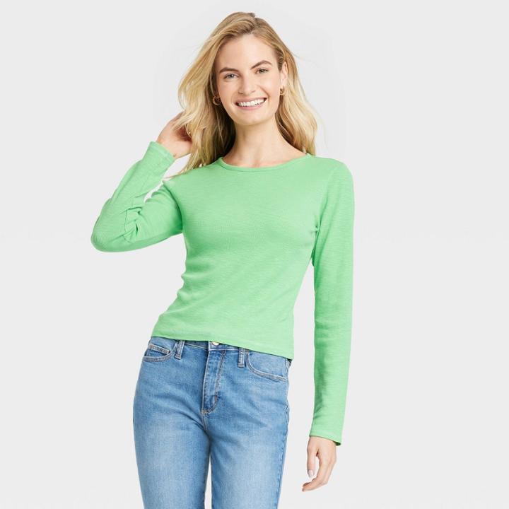 Women's Ribbed Shrunken Long Sleeve T-shirt - Universal Thread Green