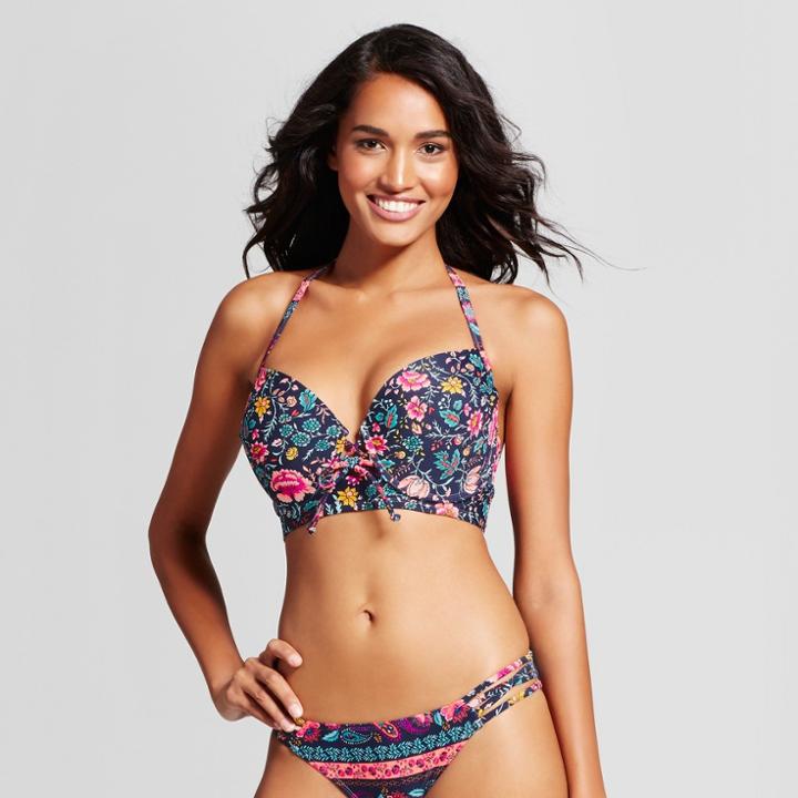Women's Lace-up Midkini Bikini Top - Xhilaration Navy Floral Paisley D/dd Cup, Blue