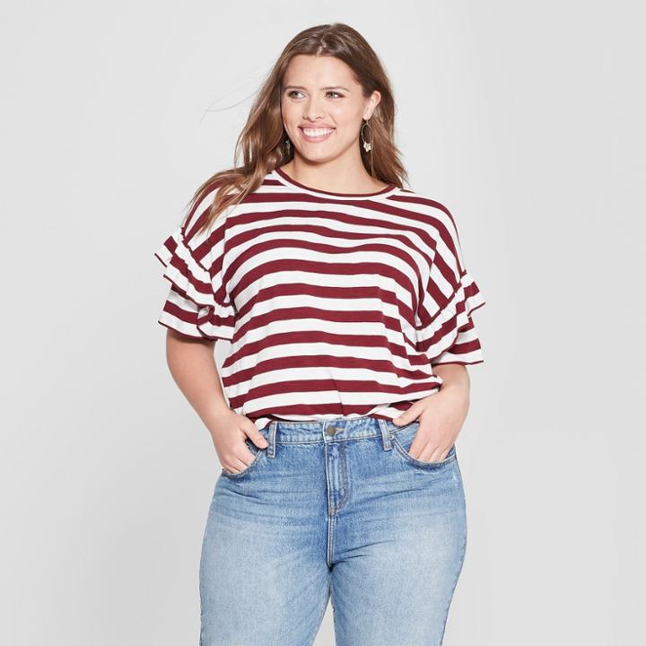Women's Plus Size Striped Ruffle Short Sleeve T-shirt - Universal Thread Red/white, Size: X, Purple