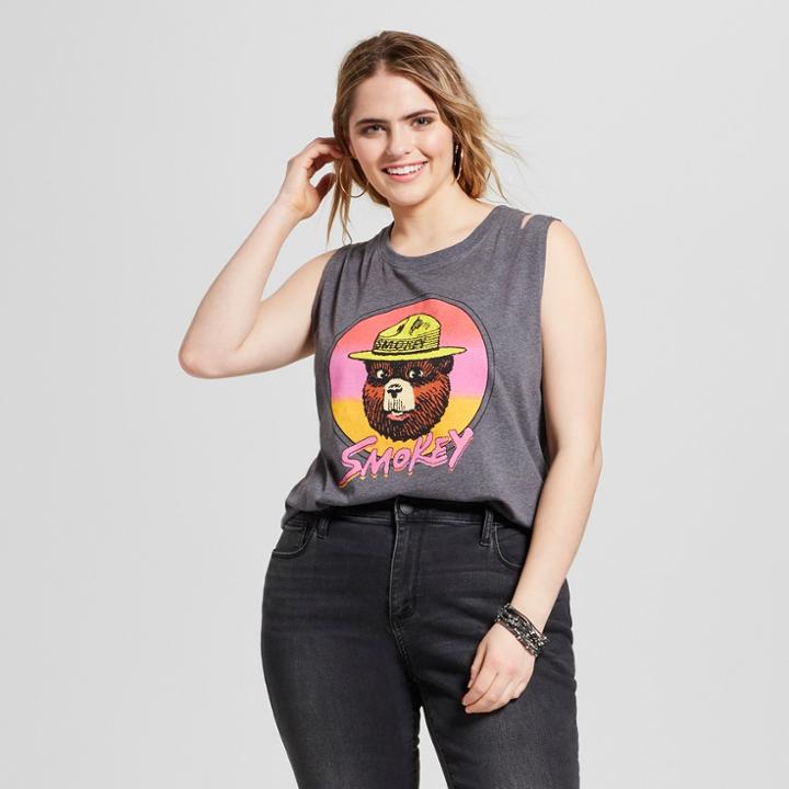 Women's Smokey Bear Plus Size Retro Shoulder Slash Graphic Tank Top (juniors') Heather Gray