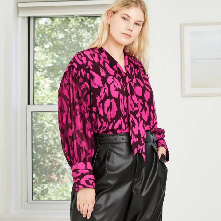 Women's Plus Size Leopard Print Balloon Long Sleeve Soft Bow Blouse - Who What Wear Magenta