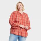 Women's Plus Size Balloon Long Sleeve Poet Top - Universal Thread Red Plaid