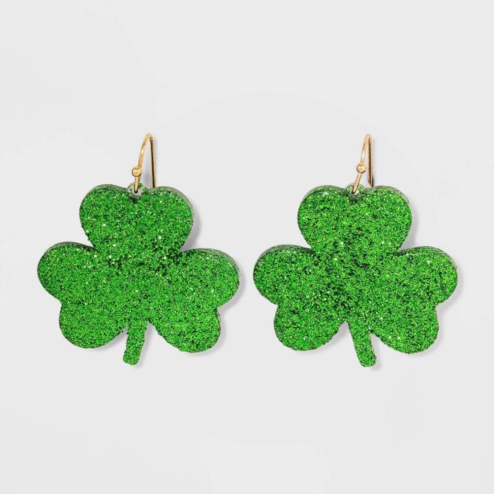 No Brand Glitter Clover Drop Earrings - Green