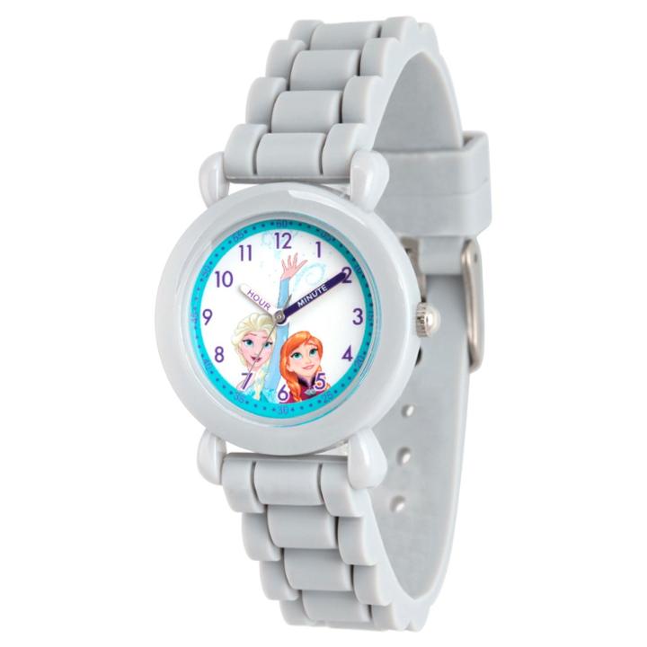 Girls' Disney Frozen Elsa & Anna Gray Plastic Time Teacher Watch, Gray Silicone Strap, Wds000134