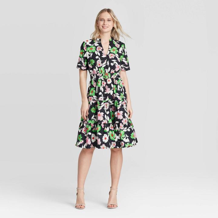 Women's Floral Print Short Sleeve Belted Tiered Dress - Who What Wear Green