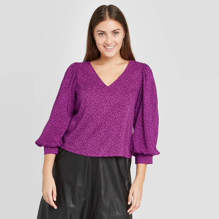 Women's Printed Bishop Long Sleeve Top - A New Day Purple