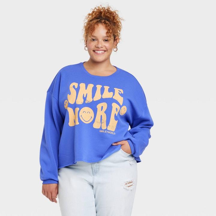 Women's Plus Size Smileyworld Smile More Graphic Sweatshirt - Blue