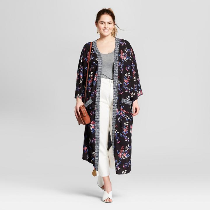 Women's Plus Size Floral Print Kimono - Xhilaration Black X