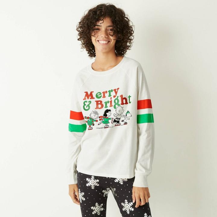 Women's Peanuts Merry And Bright Holiday Long Sleeve Graphic T-shirt - Ivory