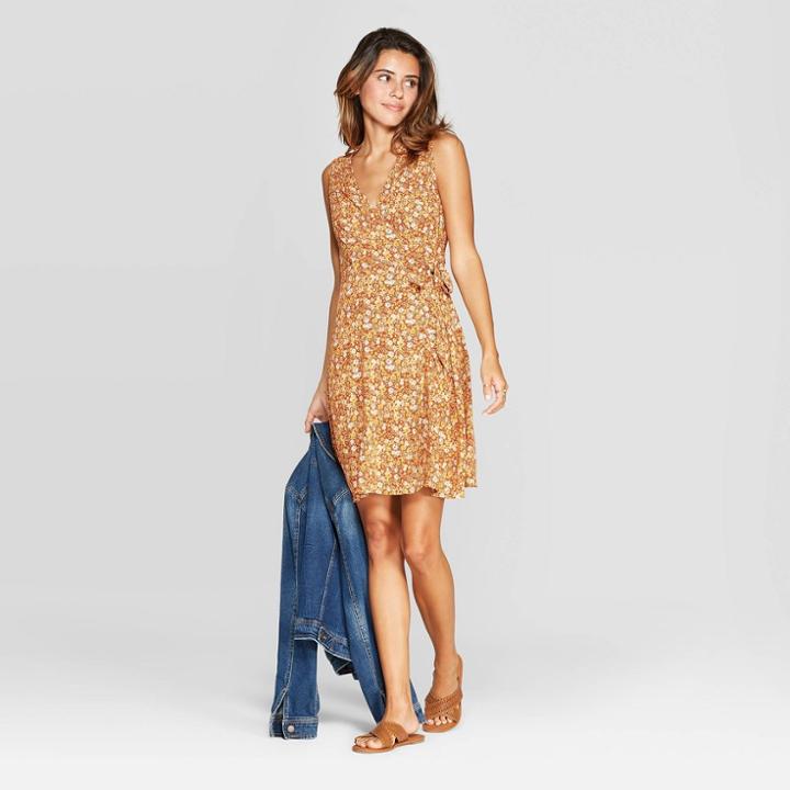 Women's Floral Print Sleeveless V-neck Midi Wrap Dress - Universal Thread Yellow